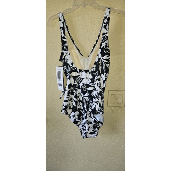 ROXANNE SIZE 18 42C BRA CUP BLACK White Gold Floral PRINT ONE PIECE SWIMSUIT - Picture 2 of 4